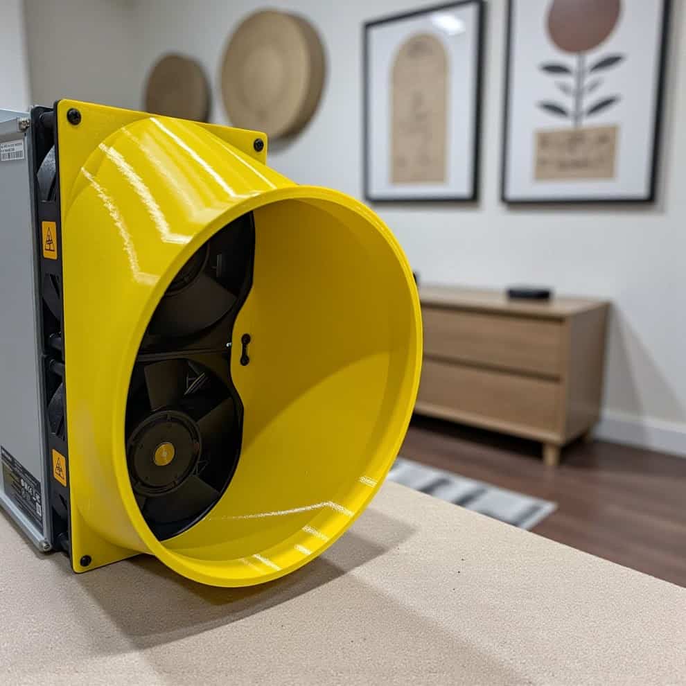 Yellow Antminer dual-fan exhaust shroud fitted to the miner, angled view