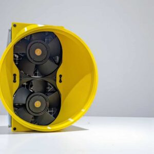 Yellow CryptoCloaks Antminer dual-fan exhaust shroud, front view showing the two 140 mm fans